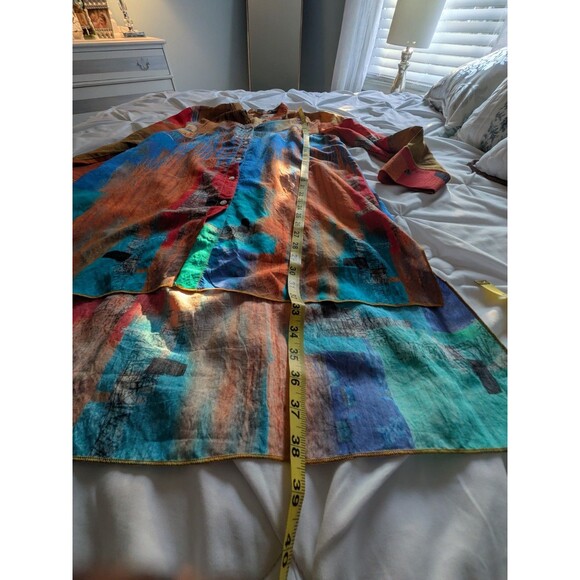 Feratelli Jacket Blouse Womens M Gold Blue Graphic Art to Wear Lagenlook Hi Low - Picture 12 of 13